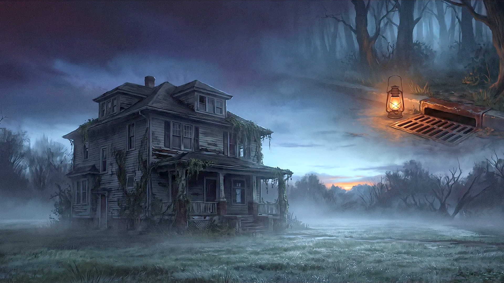 The abandoned Blackwood house at 1428 Hollow Street at dusk