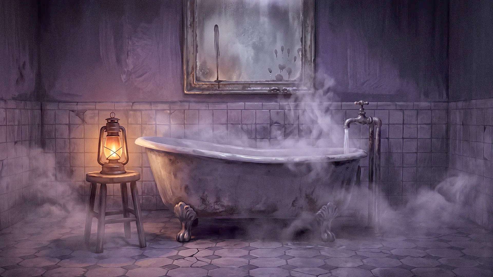 Clawfoot tub and lantern in a misted bathroom, handprints on the mirror